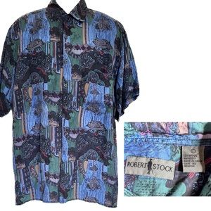 VTG Men Silk 100% Robert Stock Multicolor Artistic Baroque Button Up Shirt L